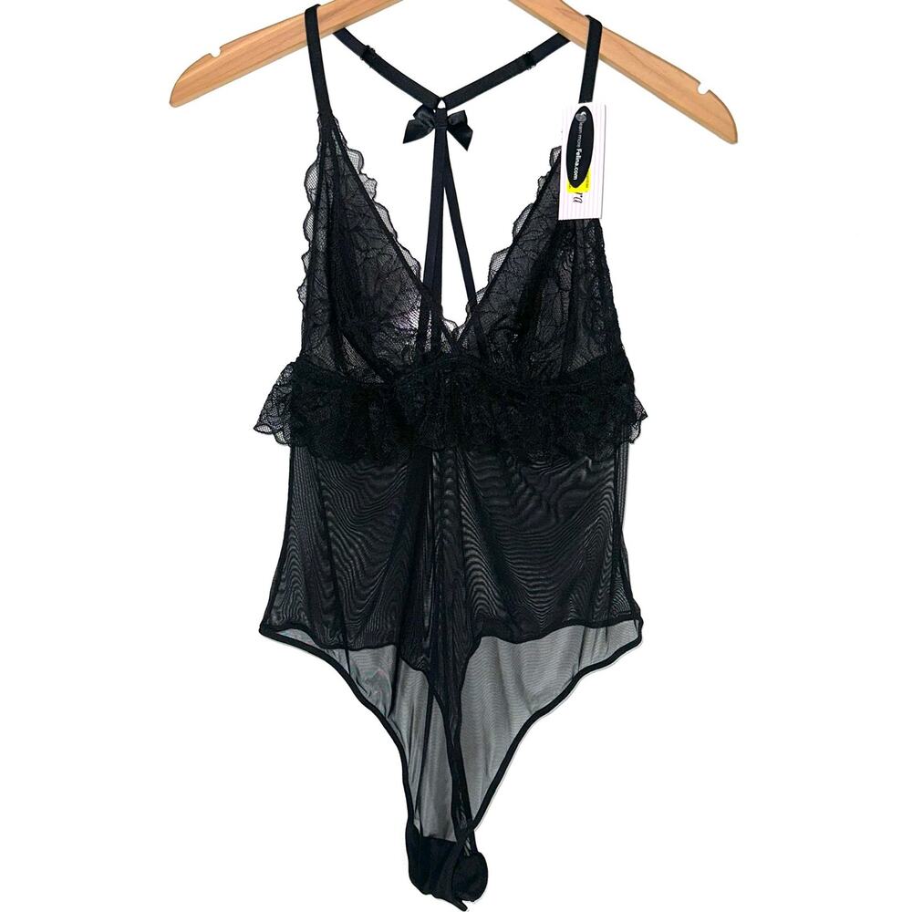 NWT Cassandra Intimates Melanie Black Lace Mesh Ruffle Bodysuit Teddy Size L
